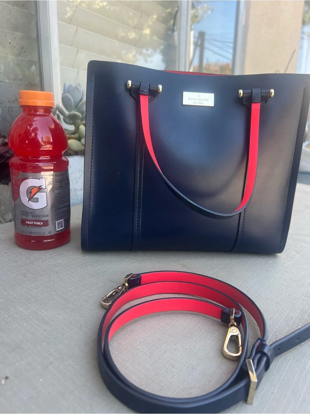 kate spade Navy tote with Pink handles and strap
